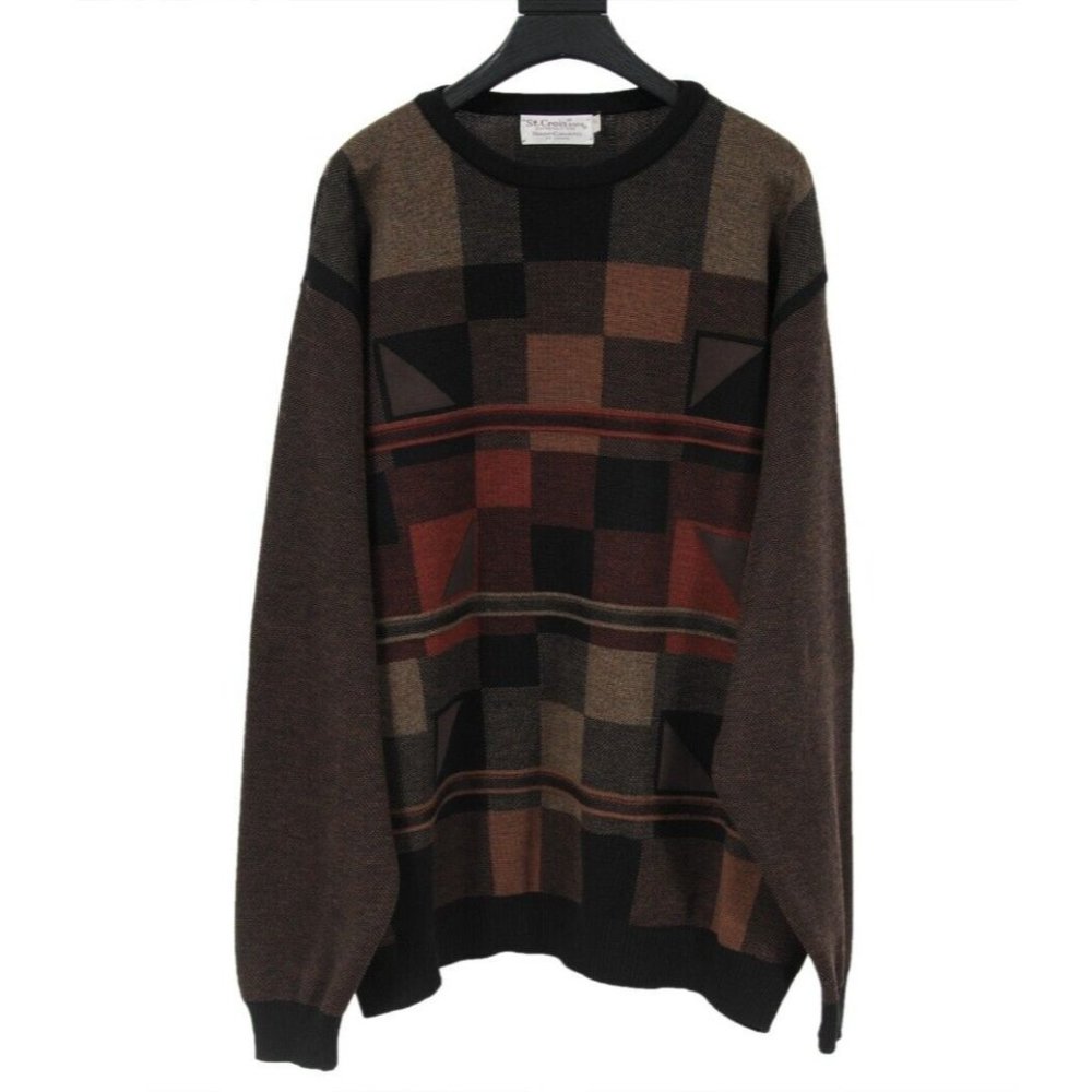 St. Croix Mens Vintage Geometric Sweater XXL Brown Black Orange Wool Pullover